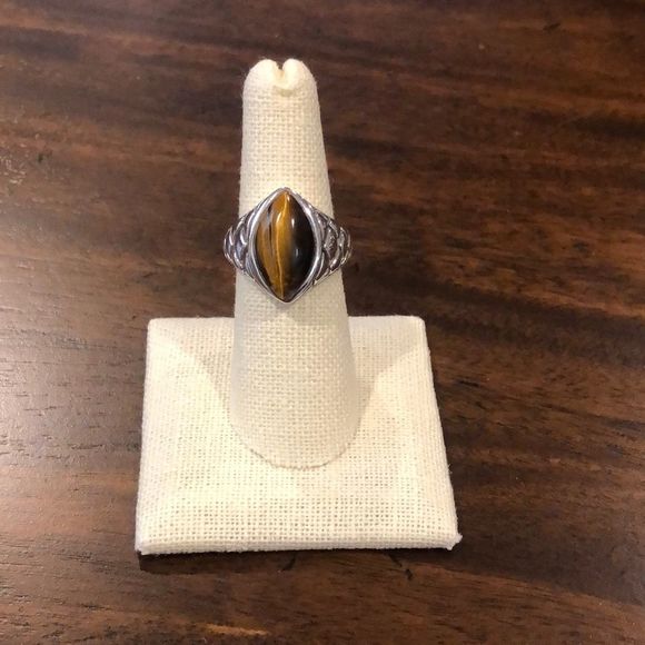 Vintage Cross Hatch Sterling Silver Marquise Cut Tigers Eye Ring Sz 6-3/4 - Picture 4 of 9
